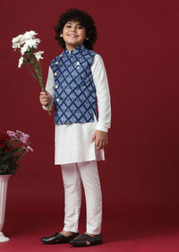 Silk Printed Jacket Kurta Set in Blue