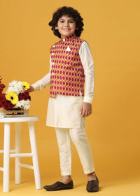 Multi Colored Silk Printed Jacket Kurta Set For Boys