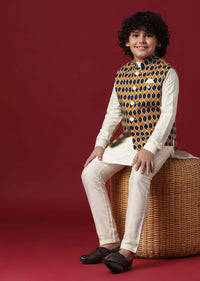 Multi Coloured Printed Jacket Kurta Set In Silk For Boys