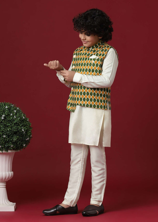 Multi-Colored Silk Jacket Kurta Set for Boys