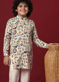 Beige Silk Printed Kurta Set For Boys