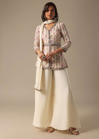 White Indo Fusion Palazzo Set With Peplum Top