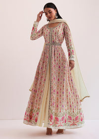 White And Pink Embroidered Anarkali Set