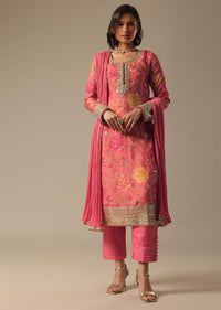 Pink Printed Pant Set With Zari Work Kurta