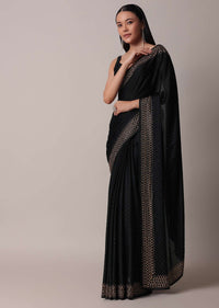 Black Embellished Satin Saree With Unstitched Blouse Piece