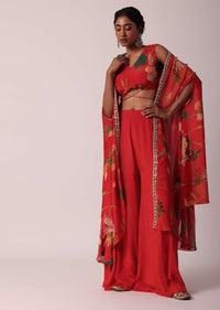 Red Printed Crop Top And Jacket Set In Chiffon