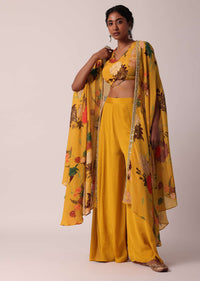 Yellow Chiffon Printed Crop Top And Jacket Set