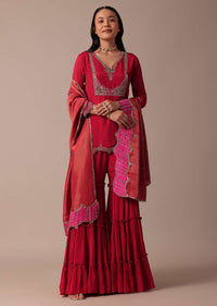 Red Chiffon Sharara Set With Embroidered Kurta