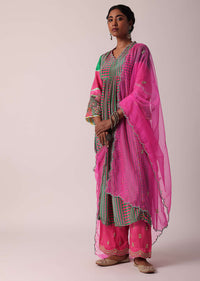 Pink Palazzo Set In Silk With Printed Kurta And Organza Dupatta