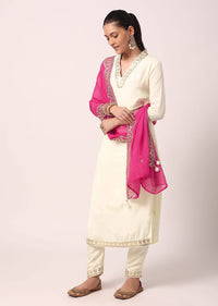 White Pant Set With Bandhani Dupatta