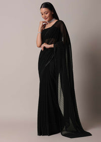 Black Striped Saree With Swarovski Embellishments And Unstitched Blouse Piece