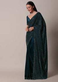 Navy Blue Satin Saree With Swarovski And Unstitched Blouse Piece