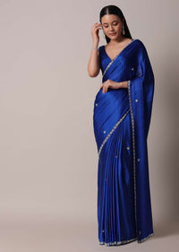 Blue Satin Saree With Stone Embellished Border And Unstitched Blouse Piece