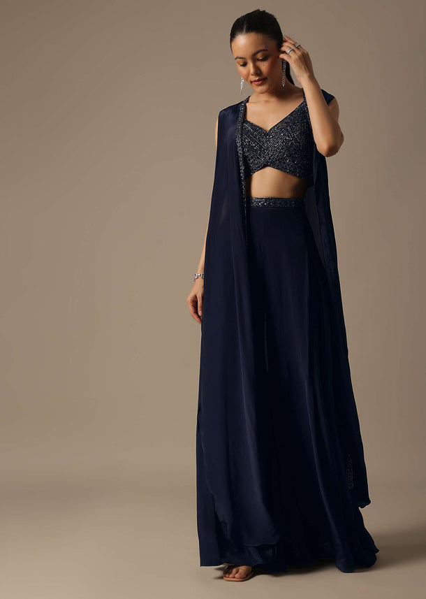 Blue Indo Fusion Palazzo Set With Jacket