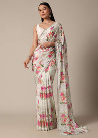 Elegant White Floral Printed Saree