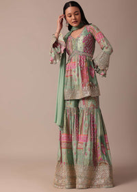 Green Chiffon Sharara Set With Printed Peplum Top