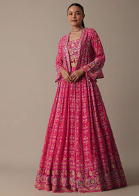 Chic Pink Printed Lehenga Set With Jacket