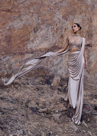 Oyster Beige Pre-Stitched Saree With Stylized Blouse
