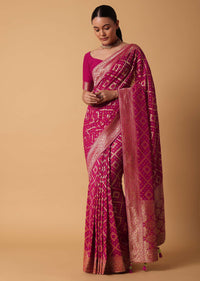 Pink Banarasi Georgette Saree With Bandhani Detail And Unstitched Blouse Piece