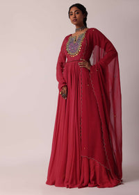 Red Embroidered Chiffon Anarkali With Dupatta