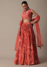 Elegant Red Printed Lehenga Set With Mirror Work