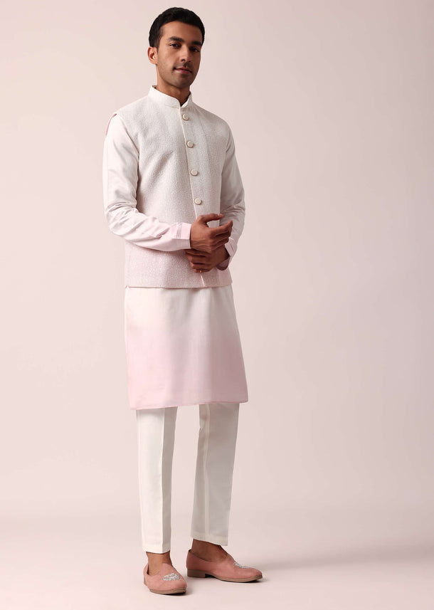 Elegant Pink Silk Jacket Kurta Set For Men