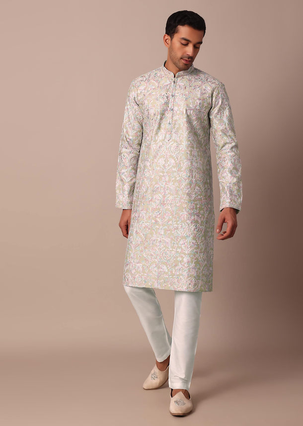 Pista Green Floral Embroidered Kurta Set