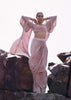 Pink Cowl Blouse With Draped Skirt And Jacket