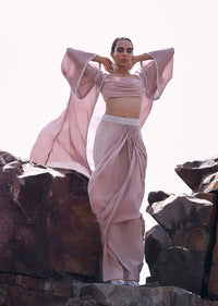 Pink Cowl Blouse With Draped Skirt And Jacket