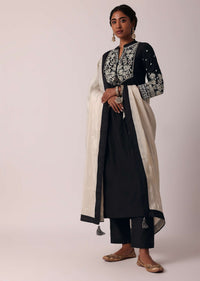 Black Pant Set With Pearl Embroidered Kurta