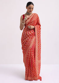 Red Woven Georgette Saree With Unstitched Blouse