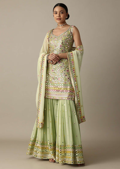 Green Sharara Set With Exquisite Mirror Work