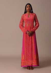 Pink Long Tunic Kurti In Crepe With Print And Resham Work