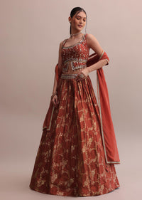 Rusty Orange Banarasi Silk Printed Lehenga With Slit Cut Choli And Dupatta