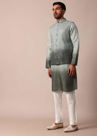 Elegant Green Silk Ombre Jacket Kurta Set For Men