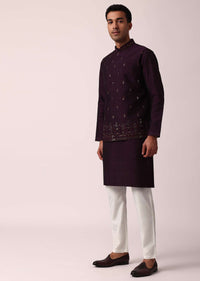 Regal Purple Cotton Silk Embroidered Jacket Kurta Set