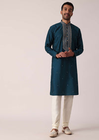 Teal Cotton Silk Kurta Set For Men