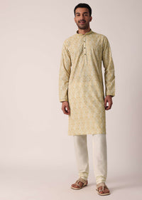 Yellow Textured Fabric Kurta Set For Men