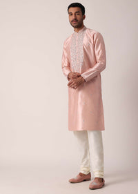 Peach Cotton Silk Kurta Set For Men