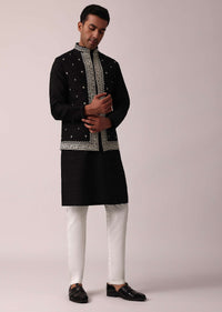 Elegant Black Cotton Silk Jacket Kurta Set For Men