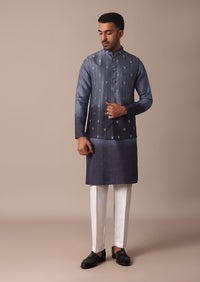 Blue Ombre Embroidered Silk Jacket Kurta Set