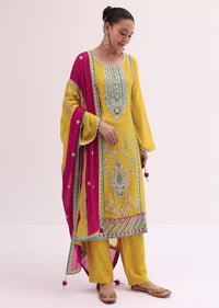 Yellow And Maroon Embroidered Kurta Pant Set