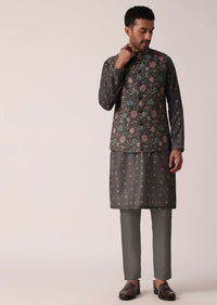 Grey Floral Print Festive Jacket Kurta Set For Men