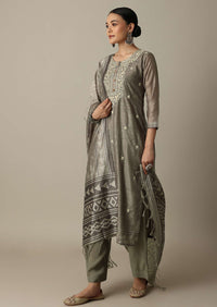 Silver Grey Cotton Silk Thread Work Kurti Pant Set