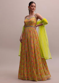 Lime Green Chiffon Embroidered Floor Length Anarkali Set With A Net Dupatta