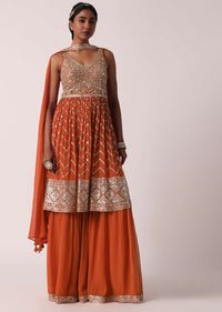 Orange Georgette Sharara Set With Embroidery