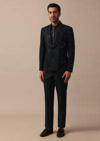 Refined Black Tuxedo Adorned with Intricate All Over Embroidery