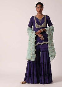 Navy Blue Silk Sharara Set With Zari Embroidery