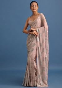 Light Peach Sequin Embroidered Georgette Saree With Unstitched Blouse