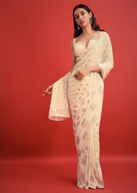 White Georgette Embroidered Saree In Sequins With Unstitched Blouse